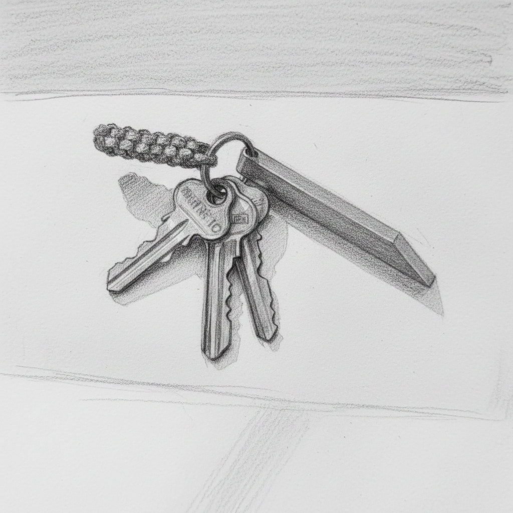 A silver metal keychain with a pointed blade-like tool attached, alongside several keys on a red braided cord, photographed on a white surface with strong sunlight and shadows.