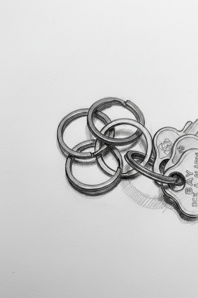 Set of keys with a keychain on a beige background